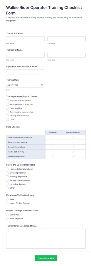 Walkie Rider Operator Training Checklist Form Template