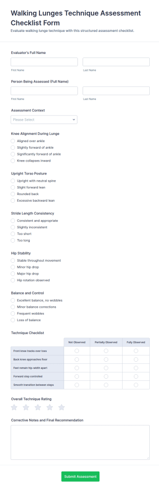 Walking Lunges Technique Assessment Form Template