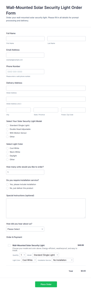Wall Mounted Solar Security Light Order Form Template