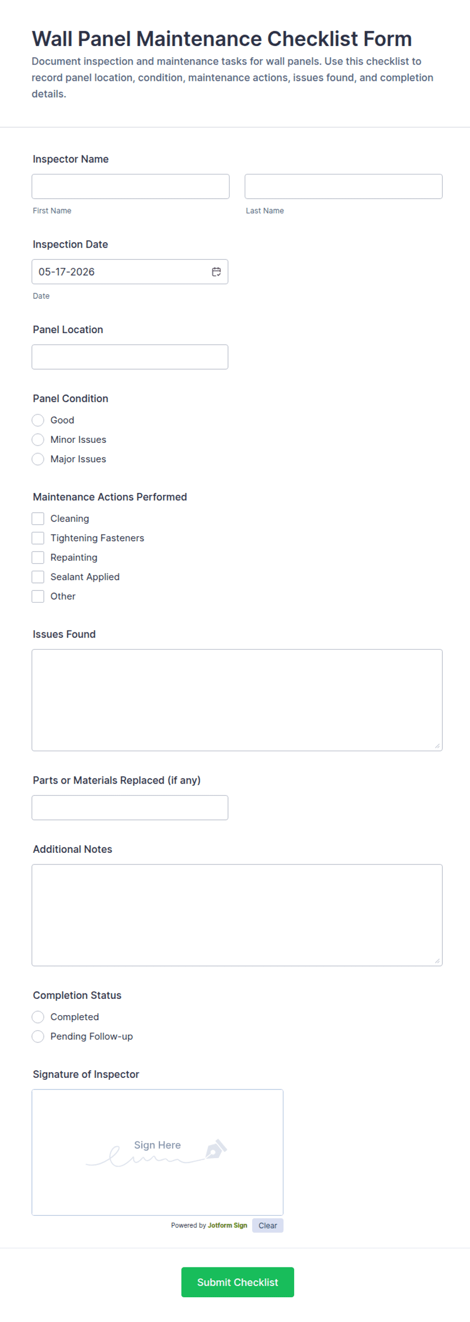 Wall Panel Maintenance Checklist Form Template | Jotform