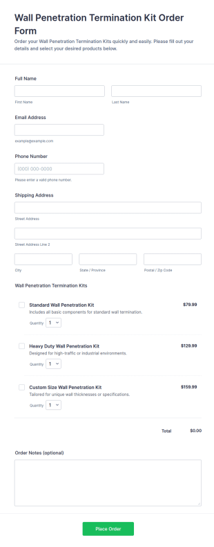 Wall Penetration Termination Kit Order Form Template