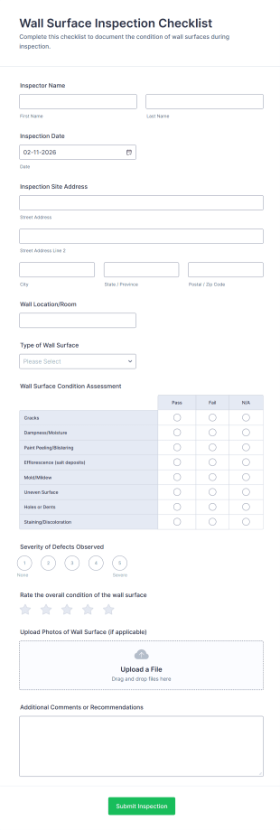 Wall Surface Inspection Checklist Form Template