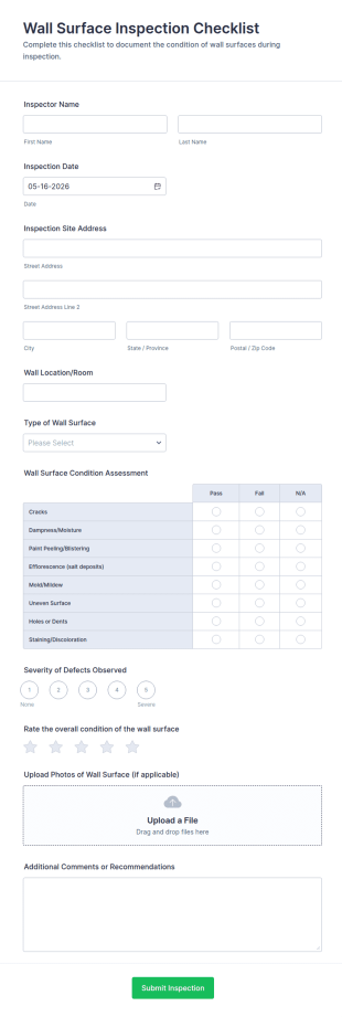 Wall Surface Inspection Checklist Form Template