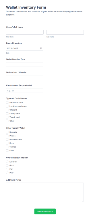Wallet Inventory Form Template