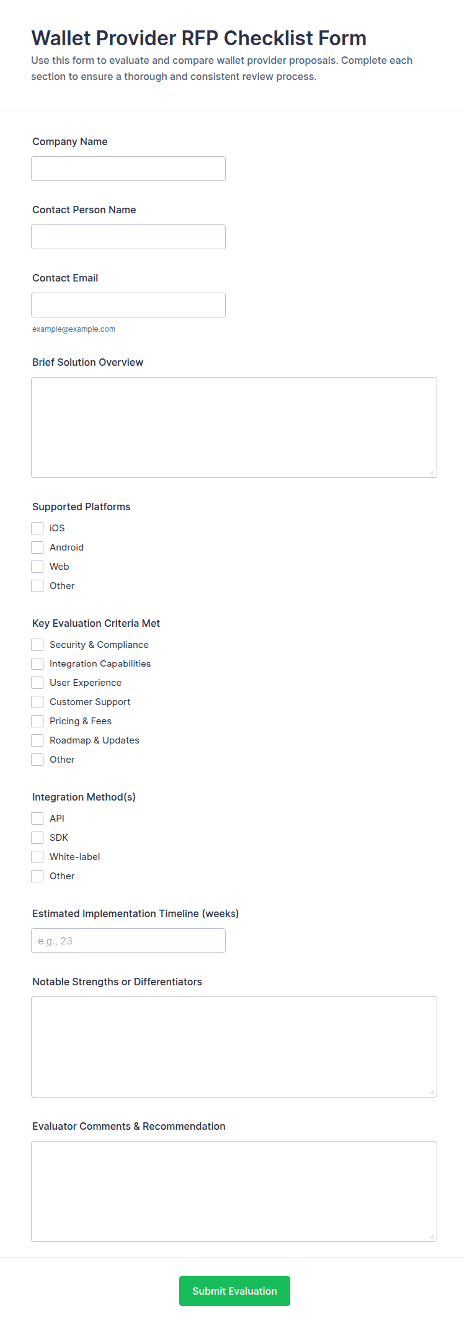 Wallet Provider RFP Checklist Form Template | Jotform