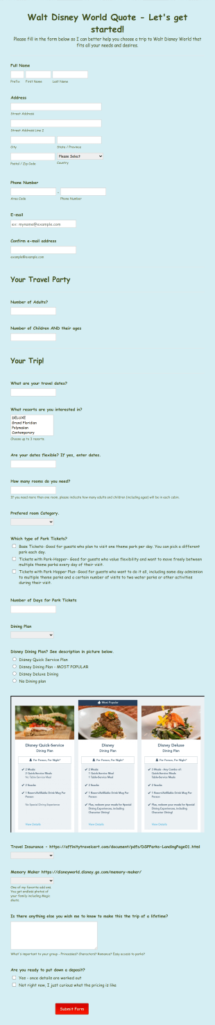 Walt Disney World Information Form Template