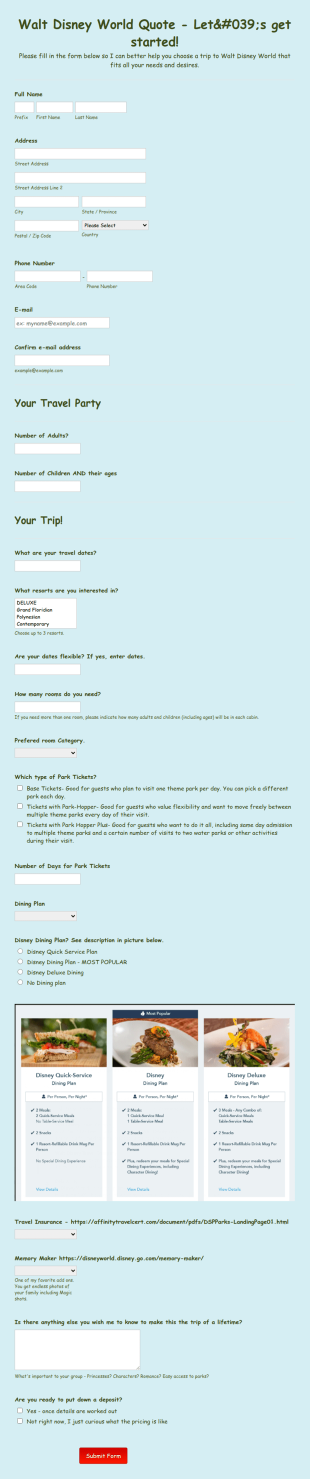 Walt Disney World Information Form Template