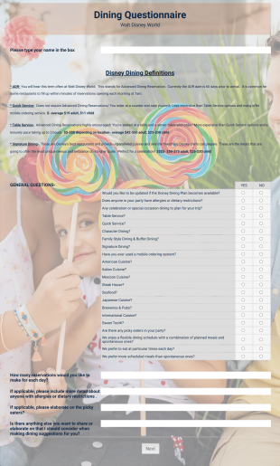 Walt Disney World DINING Questionnaire Form Template