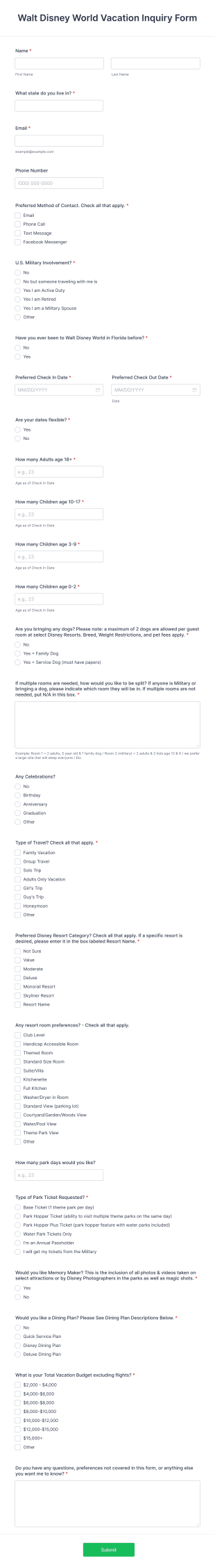Walt Disney World Vacation Inquiry Form Template