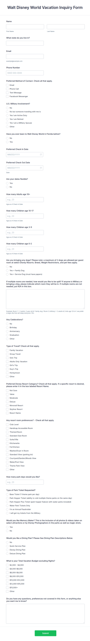 Walt Disney World Vacation Inquiry Form Template
