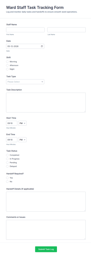 Ward Staff Task Tracking Form Template