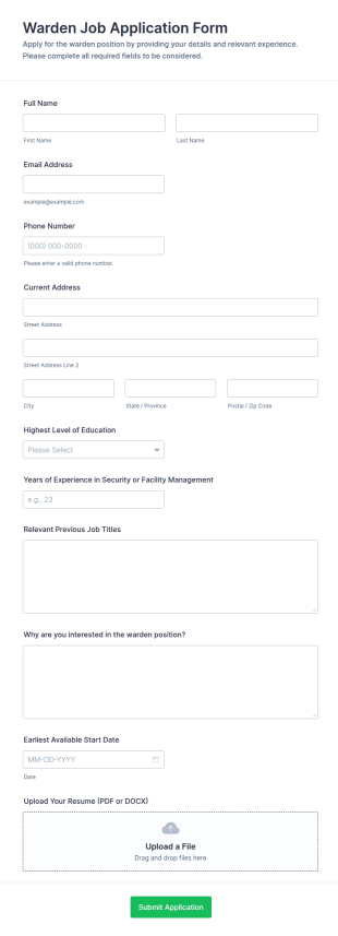 Warden Job Application Form Template