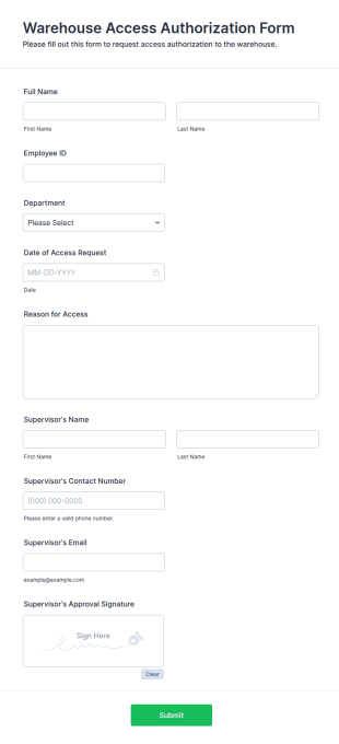 Warehouse Access Authorization Form Template