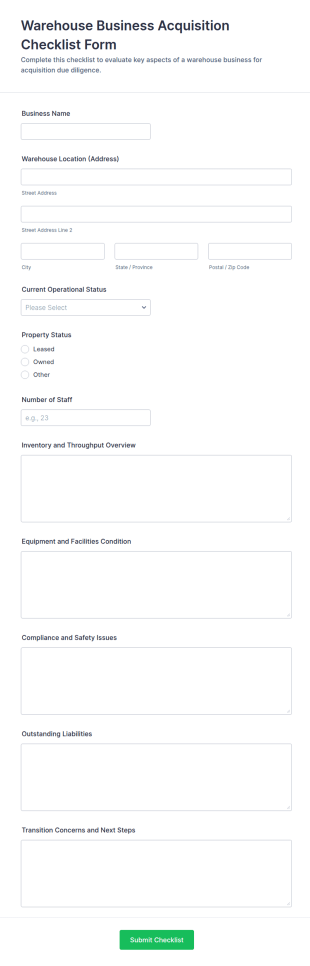 Warehouse Business Acquisition Checklist Form Template
