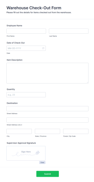 Warehouse Check Out Form Template