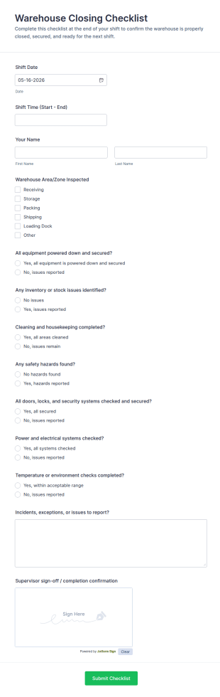 Warehouse Closing Checklist Form Template