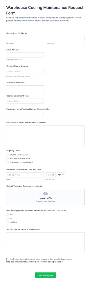 Warehouse Cooling Maintenance Request Form Template