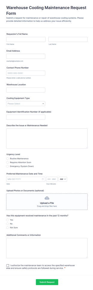 Warehouse Cooling Maintenance Request Form Template