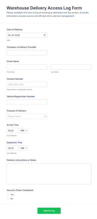 Warehouse Delivery Access Log Form Template