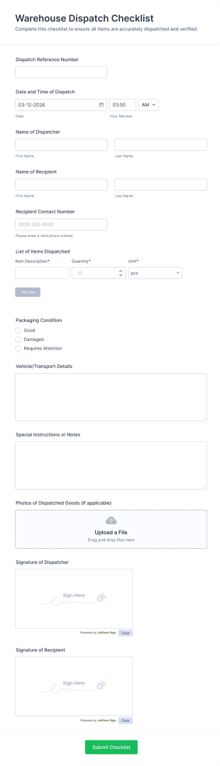 Warehouse Dispatch Checklist Form Template