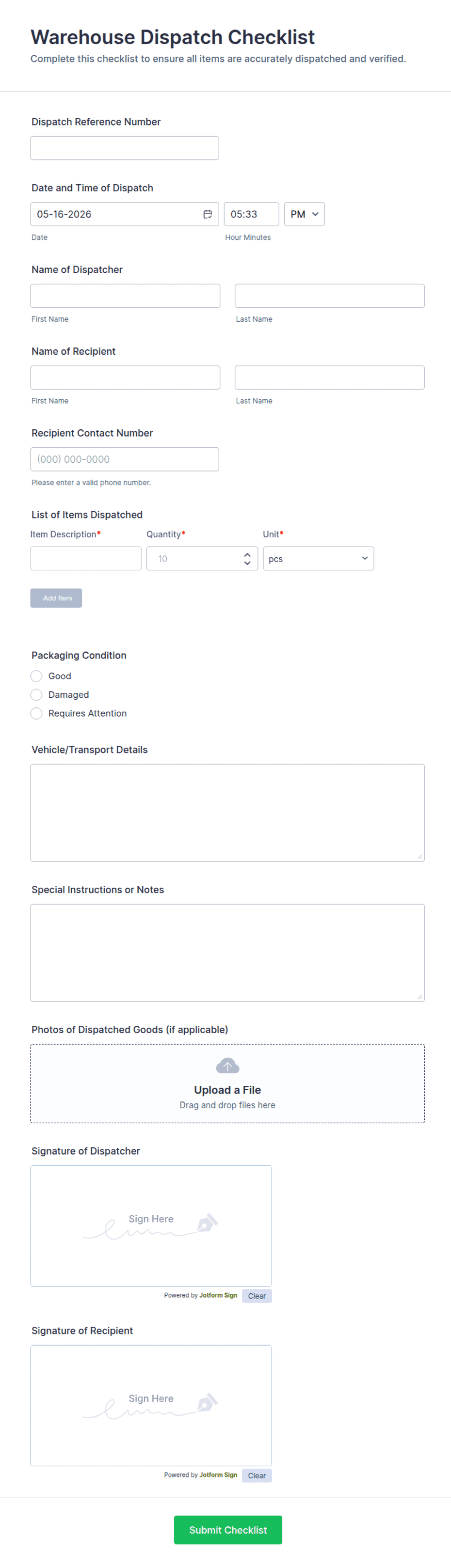 Despatch Checklist Warehouse Dispatch Checklist Form Template | Jotform