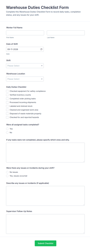 Warehouse Duties Checklist Form Template