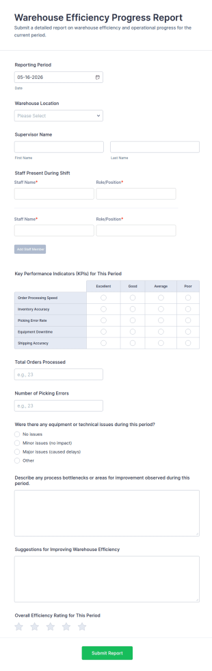 Warehouse Efficiency Progress Report Form Template