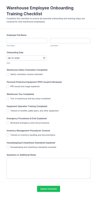 Warehouse Employee Onboarding Training Checklist Form Template