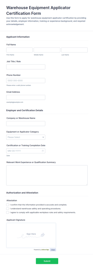 Warehouse Equipment Applicator Certification Form Template