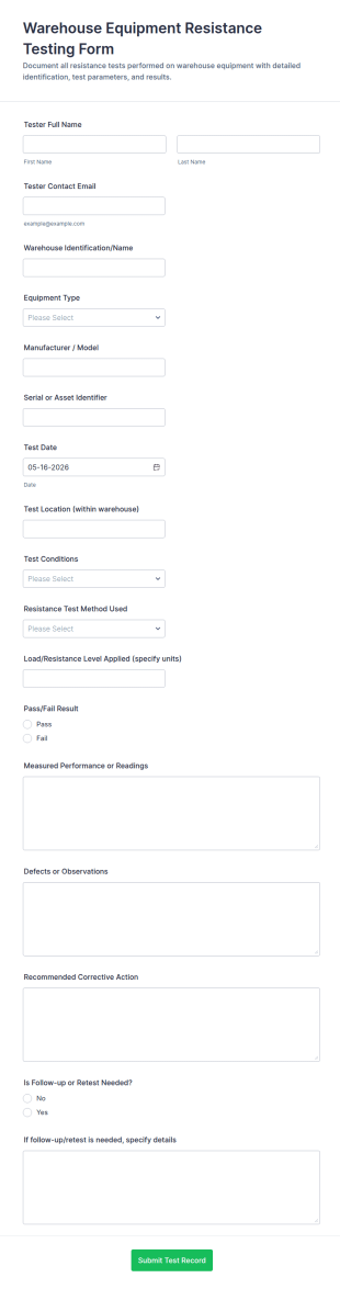 Warehouse Equipment Resistance Testing Form Template