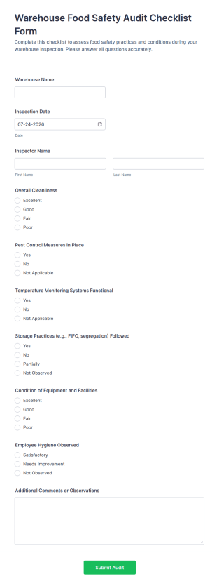 Warehouse Food Safety Audit Checklist Form Template