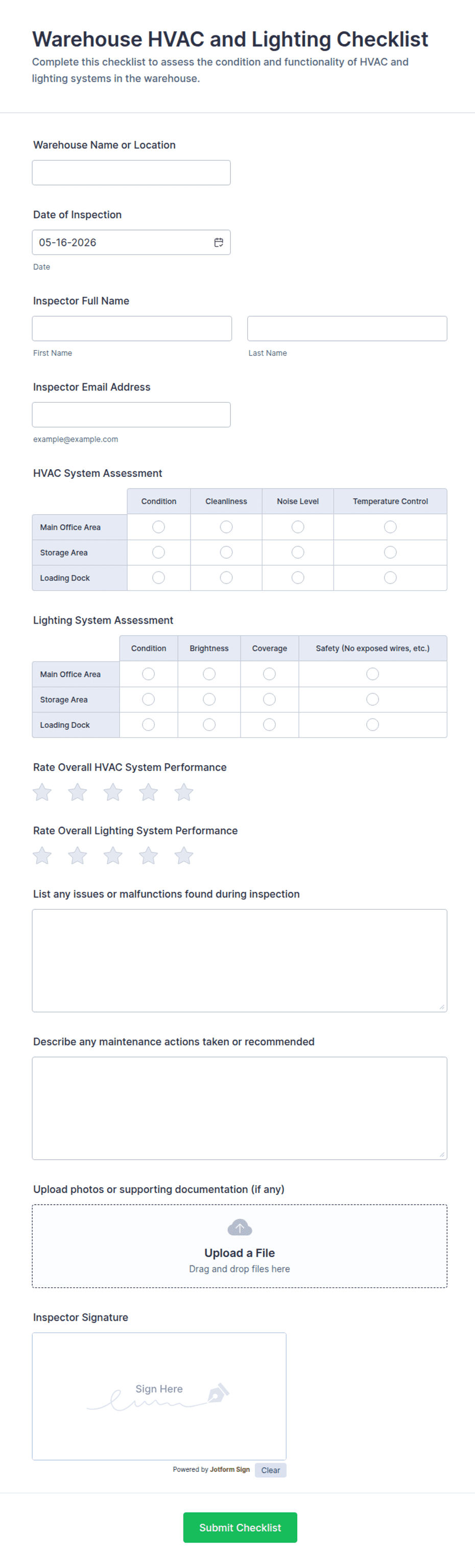 Warehouse HVAC and Lighting Checklist Form Template | Jotform