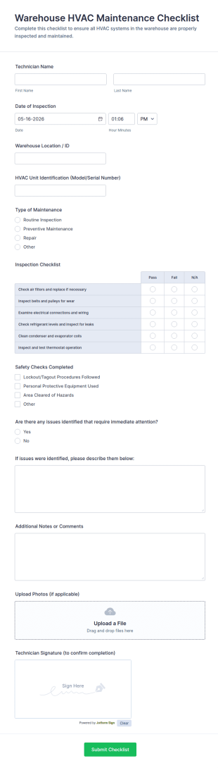 Warehouse HVAC Maintenance Checklist Form Template