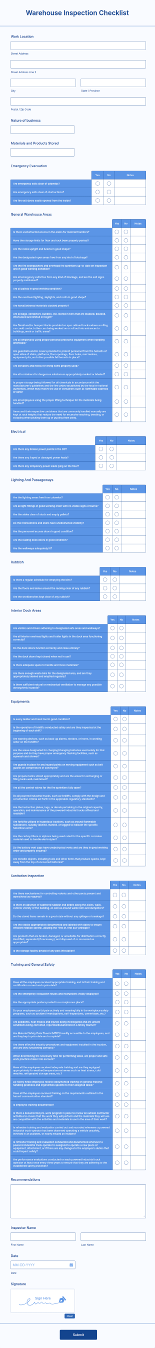 Warehouse Inspection Checklist Form Template
