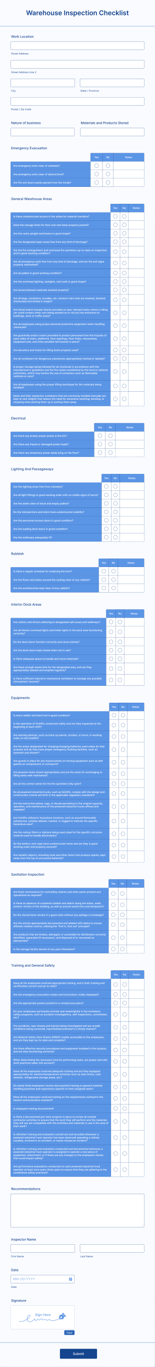 Warehouse Inspection Checklist Form Template