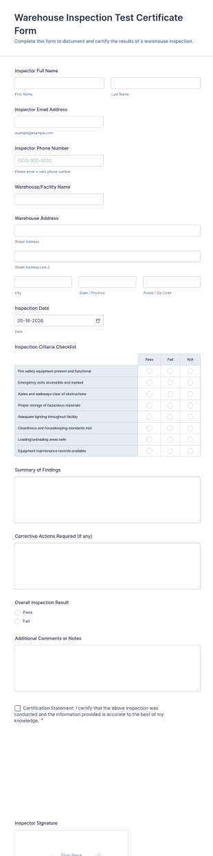 Warehouse Inspection Test Certificate Form Template