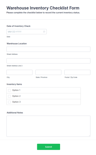Warehouse Inventory Checklist Form Template