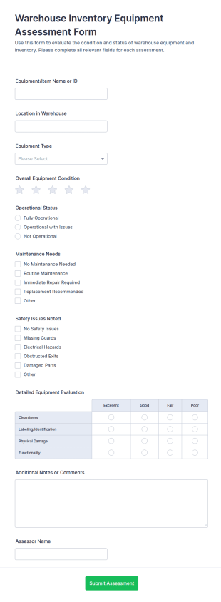 Warehouse Inventory Equipment Assessment Form Template