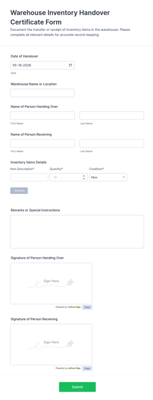 Warehouse Inventory Handover Certificate Form Template