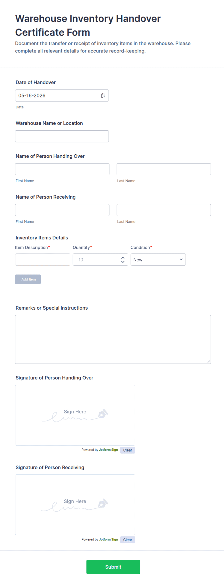 Handshu Inventory.pdf Warehouse Inventory Handover Certificate Form Template | Jotform