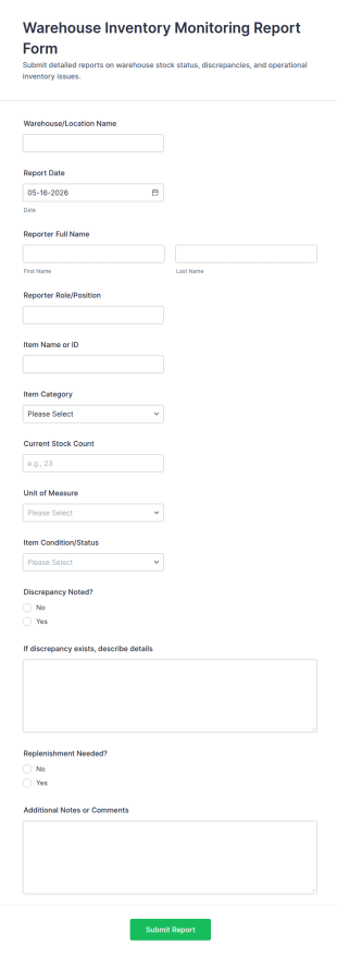 Warehouse Inventory Monitoring Report Form Template