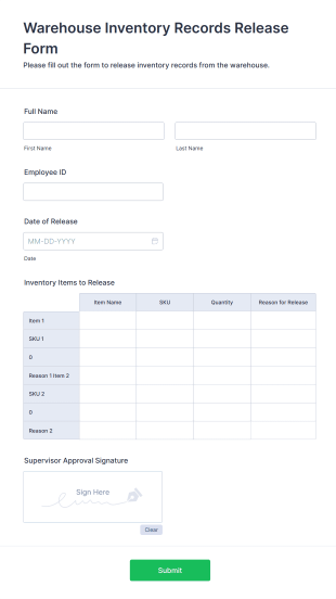 Warehouse Inventory Records Release Form Template