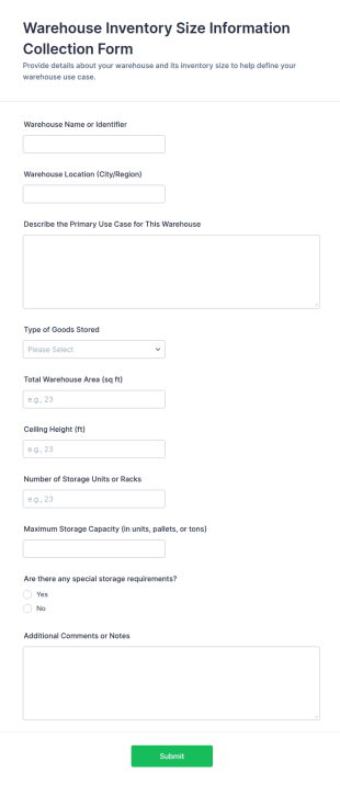 Warehouse Inventory Size Information Collection Form Template