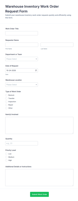 Warehouse Inventory Work Order Request Form Template