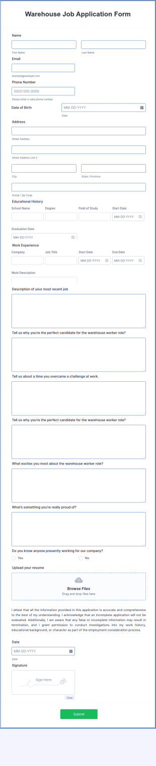 Warehouse Job Application Form Template