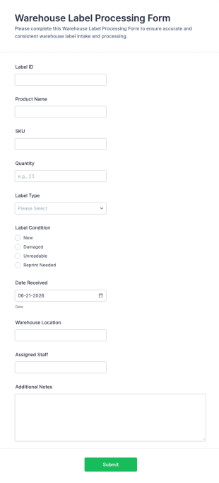Warehouse Label Processing Form Template