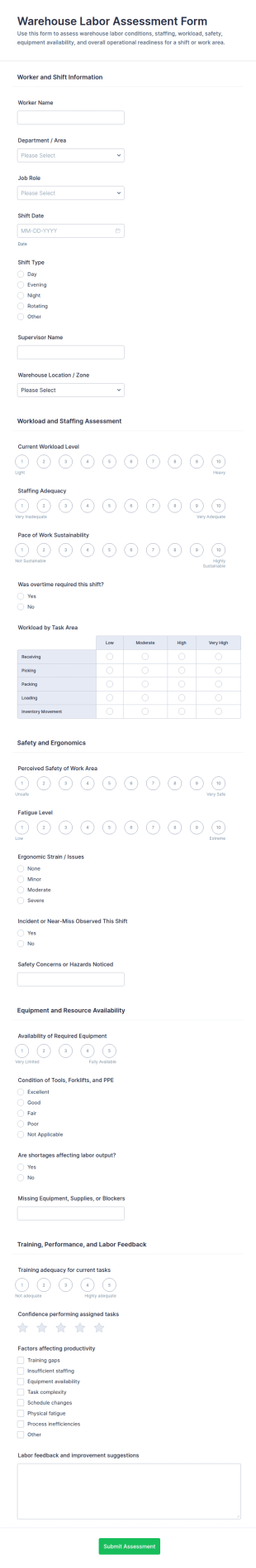 Warehouse Labor Assessment Form Template