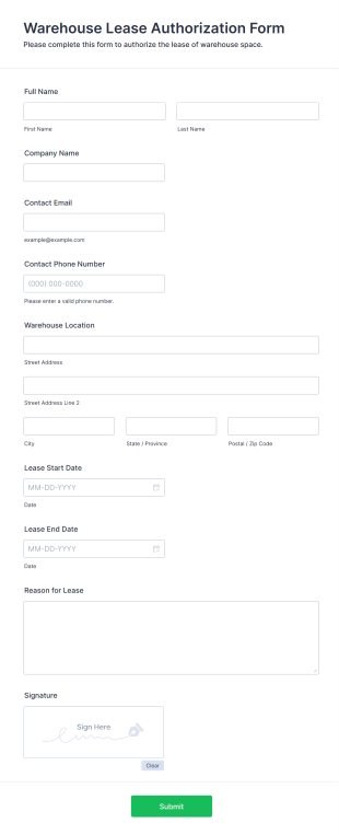 Warehouse Lease Authorization Form Form Template