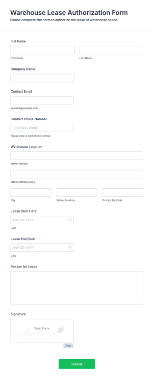 Warehouse Lease Authorization Form Template