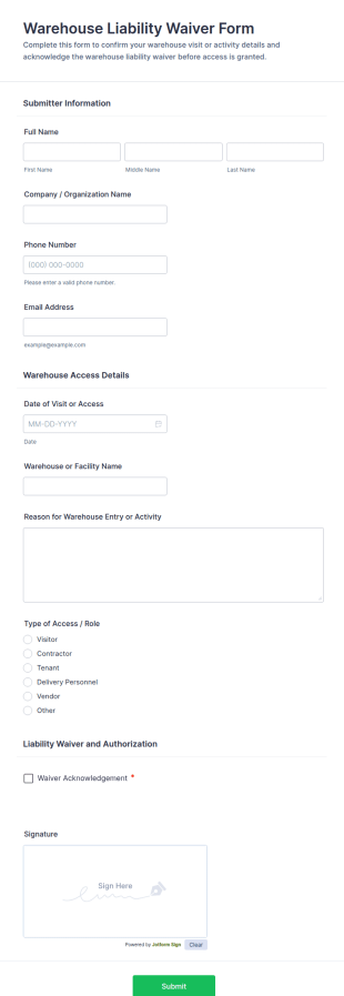Warehouse Liability Waiver Form Template
